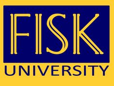 the fisk university logo on a yellow and blue background with black letters that read fisk university