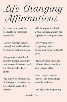 a poster with the words life changing affirmations written in black and white on it