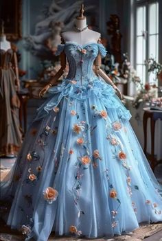 Mid Century Blue Wedding Dresses with 3D Flowers Off the Shoulder Bridal Gowns.  "This pin contains affiliate links, which means I may earn a commission at no cost to you extra for you". 
 #affiliate #advertising" Dresses With 3d Flowers, Asoiaf Fashion, Court Fashion, Birthday Gown, Blue Wedding Dress, Flower Gown, Ring Master, Mid Century Blue, Spring Court