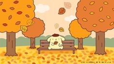 a dog is sitting on a bench in the park with autumn leaves falling from trees