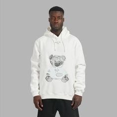 The 'Whte Evil Twin Teddy Bear Hoodie' features a one-of-a-kind look with a Whte teddy Illustration in an attentive embroidery on the front. Made from ultra-soft 100% Terry Cotton, this limited edition hoodie keeps you warm and stylish all day long. Limited supply. Fits regular size for men. Casual Bear Print Sweatshirt For Streetwear, White Relaxed Fit Hooded Sweatshirt, White Relaxed Fit Hoodie With Adjustable Hood, Winter White Hoodie With Drawstring For Streetwear, White Urban Sweatshirt With Drawstring Hood, White Relaxed Fit Hooded Hoodie, Bear Print Sweatshirt For Fall Streetwear, White Hoodie With Adjustable Hood For Streetwear, White Adjustable Hood Hoodie For Streetwear