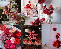 a collage of photos with flowers and wedding cake in the middle one is red, the other has pink