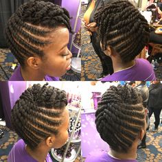 @kinkyandcurly_ Natural Hair Braided Updo For Black Women, Ladies Undercut, Latest Natural Hair Twist Styles, Styles With Cuban Twist Hair, Braided Mohawk With Two Strand Twist, Twist And Pin Updo, Flat Twist Updo With Bangs, Braided French Roll For Black Hair, Flat Twist Updo Natural Hair