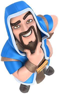 a cartoon character with a beard and blue outfit holding his hand up to his face