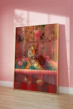 a painting of a tiger in a pink room