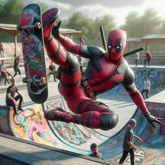 deadpool skateboarder in mid air doing trick on ramp with other people watching