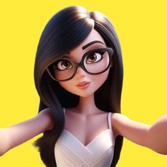 a cartoon character with glasses on her head and long black hair, wearing a white dress