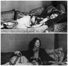 two black and white photos of women laying on a bed, one in striped pajamas