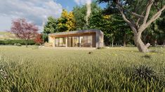 an artist's rendering of a small house in the middle of a grassy field