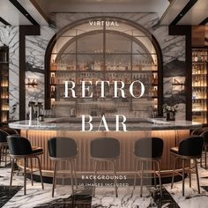 an image of a bar with chairs and marble counter tops in the background text reads virtual retro bar