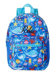 Your little one will be all set for school with this backpack personalized with a name. A great gift for the upcoming school year.  Can also be used as an overnight bag for that quick getaway or a small diaper bag. Great monogrammed bookbag.  *Backpack: Measures 15 inches high x 10.5"wide x 5.5" deep. *This bag features an inch front zipper pocket and adjustable padded back-straps. *Polyester material. * Adjustable padded back straps Color-matched straps with webbing*Sturdy plastic hardware with Mermaid Backpack, Initial Fonts, Mermaid Kids, Kids Bag, School Bookbags, Quick Getaway, Kids' Bag, Personalized Backpack, Circle Monogram