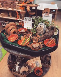 a display in a store filled with lots of fake animals and books on top of a table