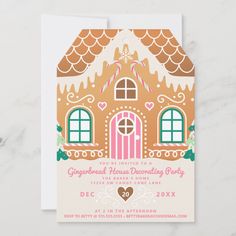 a gingerbread house birthday party card with the words gingerbread house on it's front