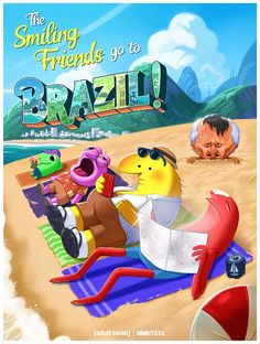 the smiling friends go to brazil poster with children playing on the beach in the background