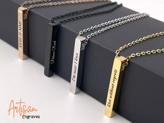 Customize Name Bar Necklace, Vertical Necklace Stainless Steel, Personalized Vertical Bar Necklace, Name Necklace, Custom Jewelry, Gift Mom, Christmas Gift Our four-sided bars can be personalized with actual signatures, children's handwriting, handwriting from grandparents, parents, and loved ones. All we need is a photograph of the writing. Preserve the past with these custom necklaces. Features: Available in black, silver, gold, and rose gold colors with high polished plated stainless steel. I Name Bar Necklace, Personalized Gold Bar Necklace, Gold Bar Necklace Personalized, Personalized Engraved Jewelry, Custom Necklaces, Custom Bar Necklace, Fingerprint Necklace, Vertical Bar Necklace, Necklace Name