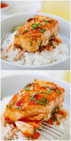 two pictures of salmon and rice in a white bowl