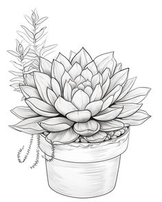 a black and white drawing of a potted plant