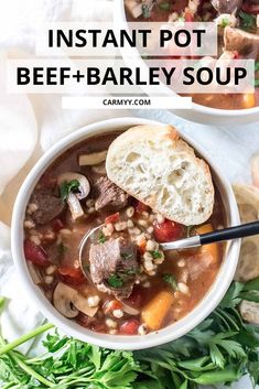 two bowls of instant pot beef barley soup with bread and parsley on the side