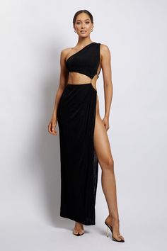 Paige Ruched Side Cut Out Maxi Dress - Black - MESHKI U.S Medusa Costume, Metal Snake, Cut Out Maxi Dress, Dress Drape, Cocktail Dress Prom, Beige Dresses, Side Cuts, Basic Dress, Crepe Dress