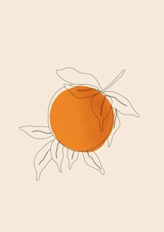 an orange with leaves on it sitting in front of a beige background