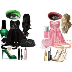 a collage of fashion and beauty items including shoes, lipstick, bracelets, nail polish