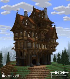 Minecraft build of a medieval tavern with tudor influences. The structure is mainly made out of dark oak and spruce wood. Minecraft Manor House, Minecraft Tavern, Pixelated Game, Minecraft Medieval Buildings, Minecraft Fantasy House, Minecraft Building Blueprints, Cottage Minecraft