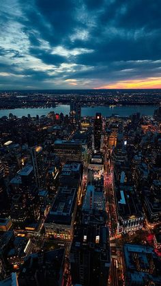 an aerial view of the city at night