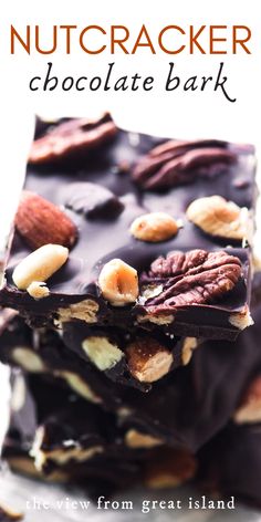 nutcracker chocolate bark is stacked on top of each other and topped with nuts