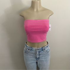 Perfect Condition Modeled On A Small/Medium Casual Pink Strapless Crop Top, Trendy Pink Crop Top, Casual Cropped Pink Tube Top, Casual Solid Cropped Tube Top, Spring Casual Bandeau Crop Top, Casual Cropped Tube Top, Casual Bandeau Crop Top For Spring, Casual Pink Tube Top For Summer, Fitted Cotton Tube Top In Pink