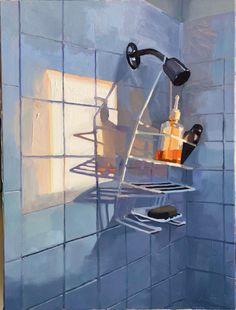 an oil painting of a shower head and soap dispenser in a blue tiled bathroom