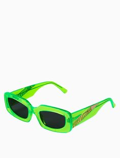 Squoval (square/oval - duh!) chunky 90s style sunglasses in transparent neon green acetate with contrasting black Category 2 lens. 100% UV protected. Unisex. Frame width: 141mm Frame height: 43mm Green Sunglasses Aesthetic, Neon Green Sunglasses, Poppy Lissiman, Moodboard Pngs, Trendy Glasses, Green Sunglasses, Colorful Accessories, Stylish Glasses, Trendy Sunglasses