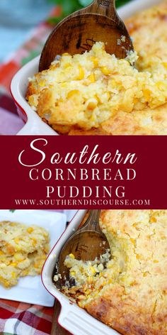 southern cornbread pudding in a red and white dish with a wooden spoon next to it