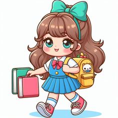 a cartoon girl with long hair carrying a backpack and book bag while walking down the street