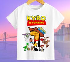 a t - shirt that says kyro is turning 5 with cartoon characters on it