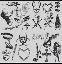 various tattoo designs and symbols on a white background, including cross, heart, skull, eye