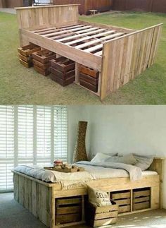 an image of a bed frame made out of pallets and wooden crates with drawers