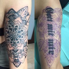 two different tattoos on the arms and arm, one with an intricate design in black ink