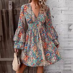 F00278742-104 Long Sleeve Printed Boho Dress For Fall, Fall Long Sleeve Printed Boho Dress, Fall Boho Long Sleeve Printed Dress, Fitted V-neck Boho Dress For Party, Casual Summer Long Sleeve Mini Dress, Casual Long Sleeve Summer Dress With Ruffles, Casual Long Sleeve Dress With Ruffles For Summer, Casual Long Sleeve Ruffled Dress For Summer, Casual Long Sleeve Ruffled Dress For Spring