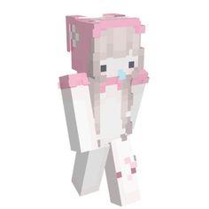 a pixellated image of a person with pink hair and white pants, holding something in her hand