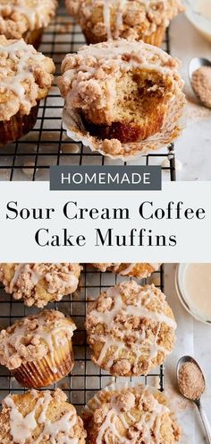 homemade sour cream coffee cake muffins on a cooling rack