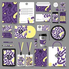 purple and yellow stationery design for a coffee shop