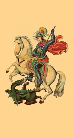 a man riding on the back of a white horse next to a green dragon in front of him