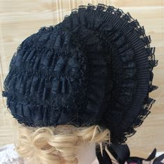 Price for a bonnet only. Fitted Costume Bonnet, Handmade Black Bonnet One Size Fits Most, Black One Size Winter Bonnet, Vintage Fitted Bonnet For Costume, Adjustable Ruffled Bonnet, Handmade Black Bonnet, Handmade Black Beanie Bonnet, Victorian Cosplay, Fitted Vintage Bonnet With Lace Trim