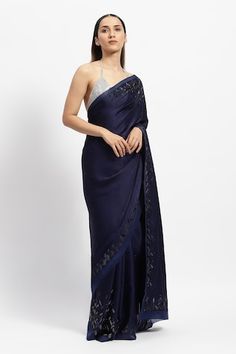 Navy blue saree embroidered with glass bugles and crystals in geometric patterns. Comes with a running blouse piece. - Aza Fashions Embellished Saree, Navy Blue Saree, Satya Paul, Blue Saree, Geometric Patterns, Atlantis, Blouse Piece, Aza Fashion, Geometric Pattern