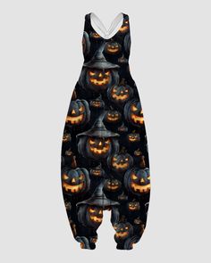 Material: Cotton Blend Type: Jumpsuits Length: Ankle-Length Style: Casual Pattern Type: Print Fit Type: Loose Sleeve Type: Sleeveless Occasion: Daily,Hallowmas  size Length Bust hip  cm inch cm inch cm inch  S 138 54.3 94 37 112 44.1  M 139 54.7 98 38.5 116 45.7  L 140 55.1 102 40.1 120 47.3  XL 141 55.5 106 41.7 124 48.9  2XL 142 55.9 110 43.3 128 50.4  3XL 143 56.3 114 44.9 132 52.0  4XL 144 56.7 118 46.5 136 53.5  5XL 145 57.1 122 48.1 140 55.1   Please Note: All Dimensions Are Measured Manua Fitted Jumpsuits And Rompers For Halloween Costume Party, Sleeveless Jumpsuits And Rompers For Summer Costume Party, Vintage Floral Top, Harem Jumpsuits, Linen Style, Printed Jumpsuit, Halloween Prints, Halloween Women, Linen Dresses