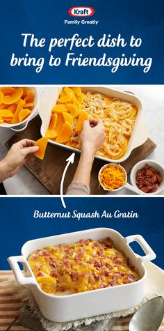 two pictures showing how to make baked potato casserole with buttered squash and bacon