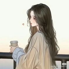 a woman with long hair holding a cup of coffee