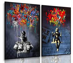 two paintings with different colors on them and one has a woman sitting on a swing