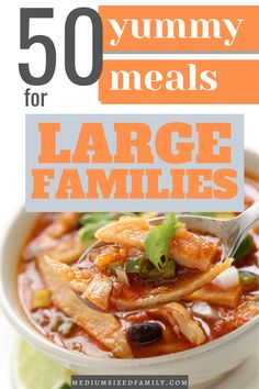 the cover of 50 yummy meals for large families, with a spoon full of soup