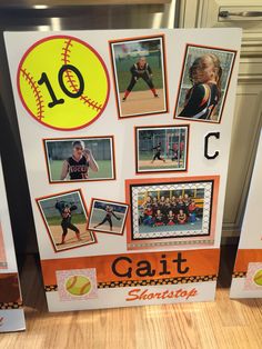 a refrigerator with pictures of baseball players and numbers on the front, along with photos of women's softballs